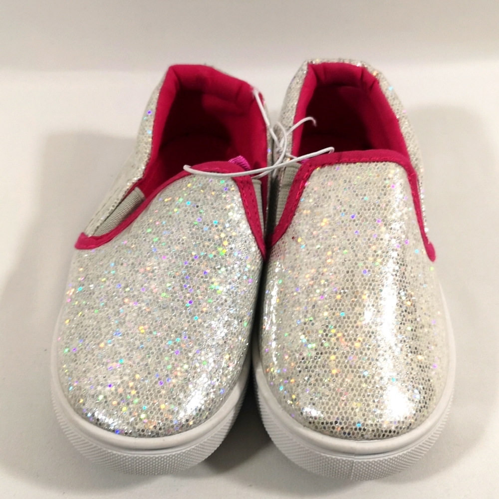 Girl's Slip-on Shoe, White and Silver Glitter with Pink. Rubber Soles, Size 10